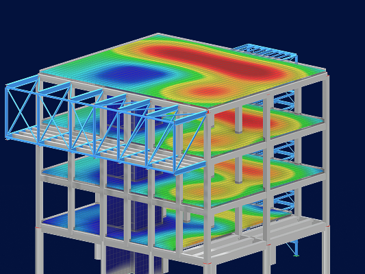 RFEM model of a versatile building structure featuring beams, columns, and bracing elements.