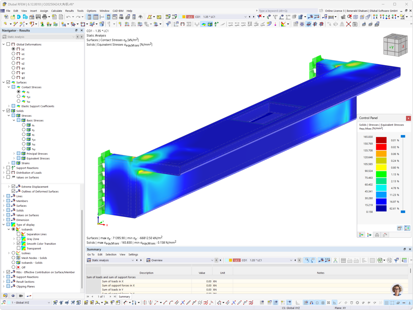 Stress calculation of a steel beam with display of the equivalent stress distribution.