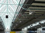 Detailed display of a roof structure with technical components and connections.