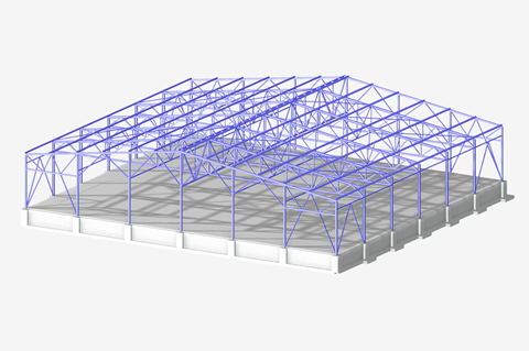 A detailed model of a truss roof building designed using RFEM 6 software module, showcasing structural alignment and design.
