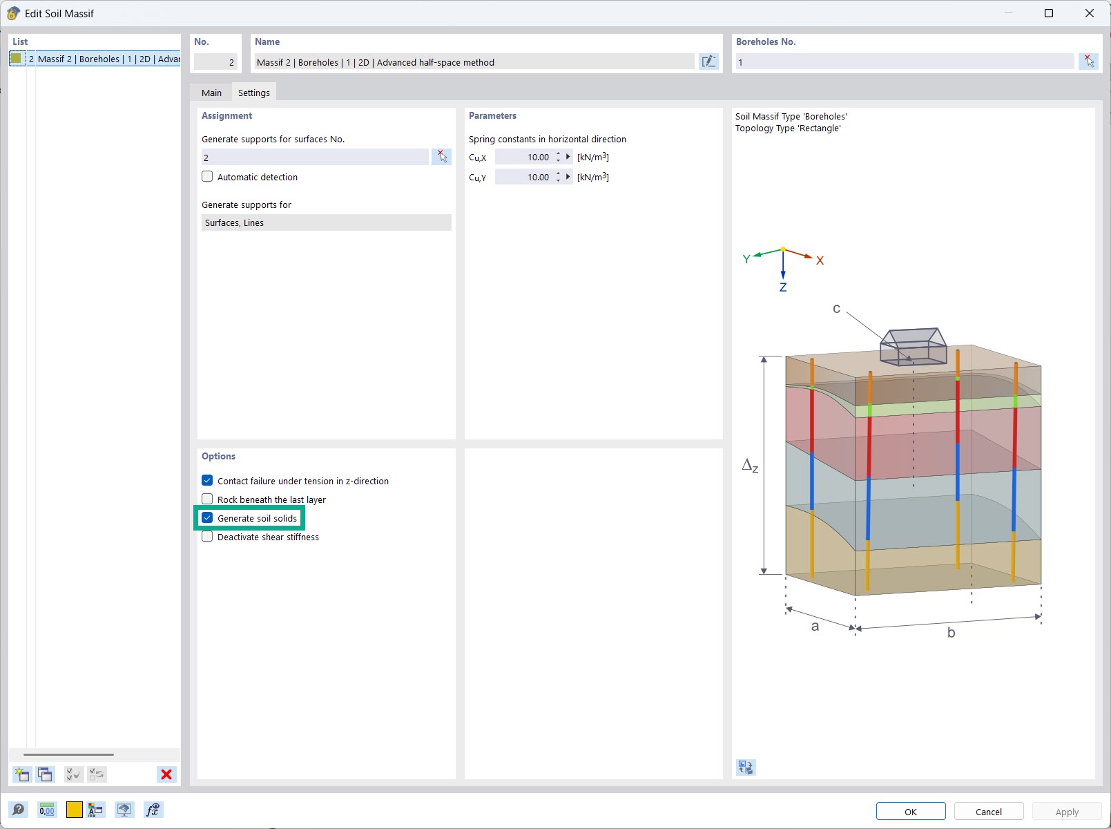 Option "Generate soil solid" in the constrained modulus method