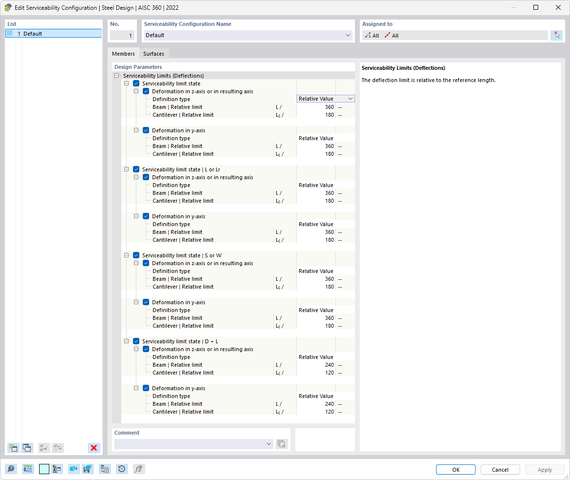 Dialog Box "Edit Serviceability Configuration" for Steel Design According to AISC 360