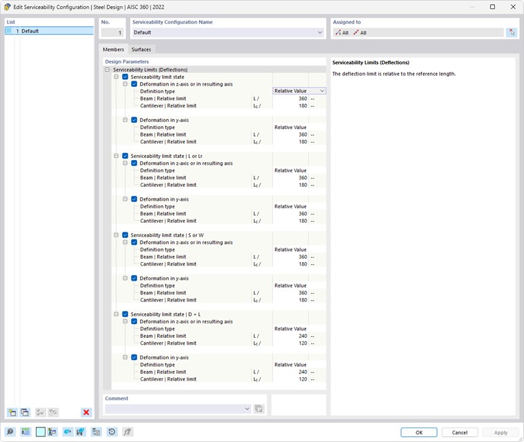 Dialog Box "Edit Serviceability Configuration" for Steel Design According to AISC 360