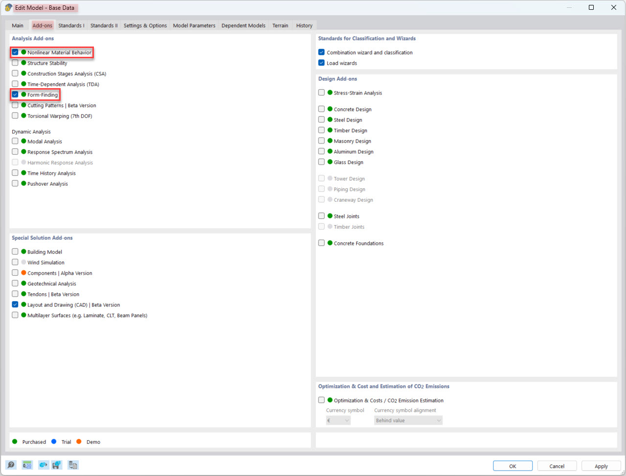 Editing window for model base data with activated add-ons for nonlinear material behavior and form-finding.