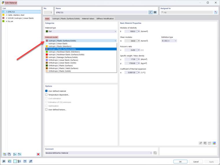 Editing window for material properties with various options for direction-dependent material behavior.