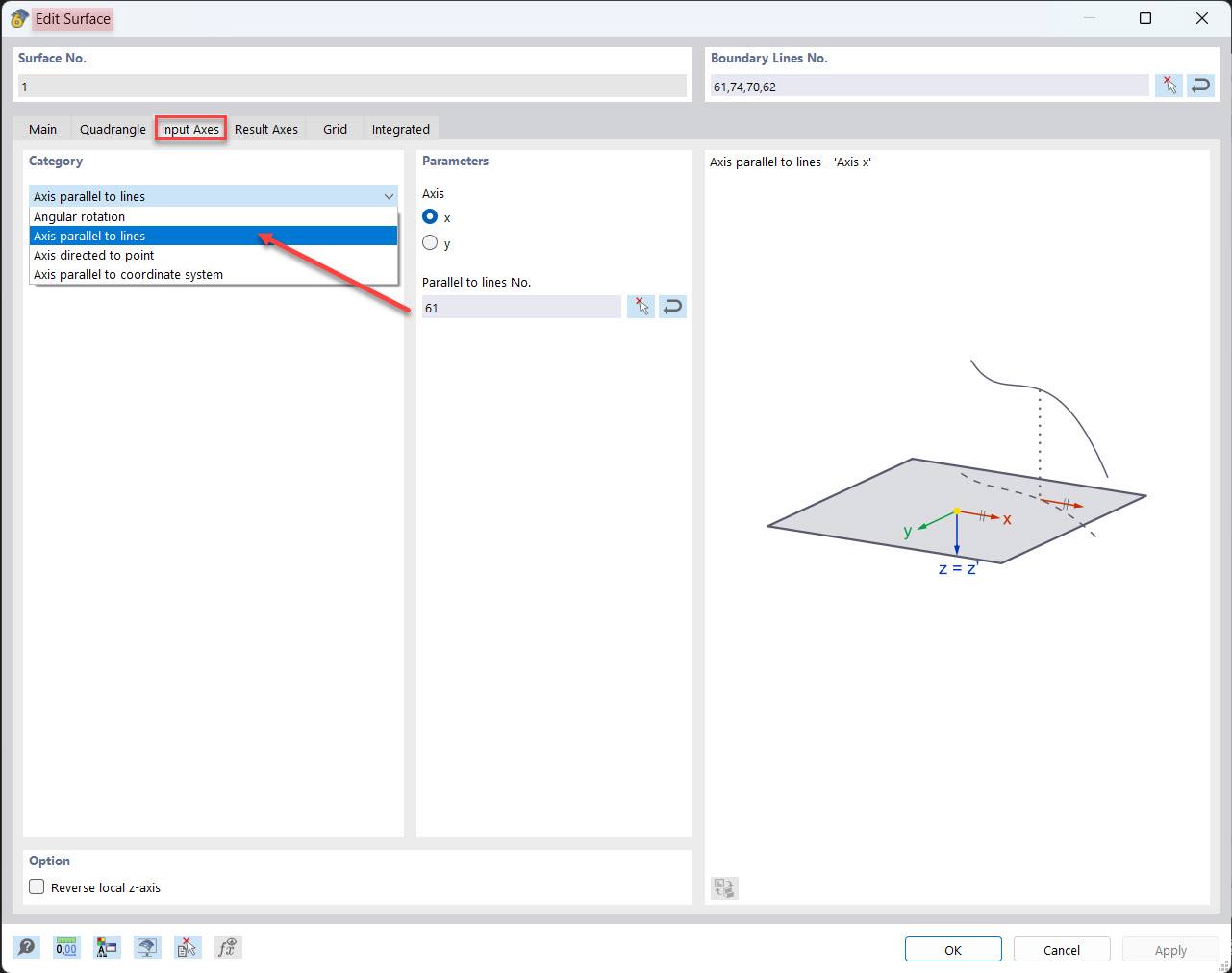 Surface editing window shows options for the axis category, selection of “Axis parallel to line”.