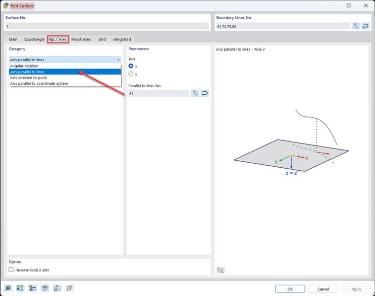 Surface editing window shows options for the axis category, selection of “Axis parallel to line”.