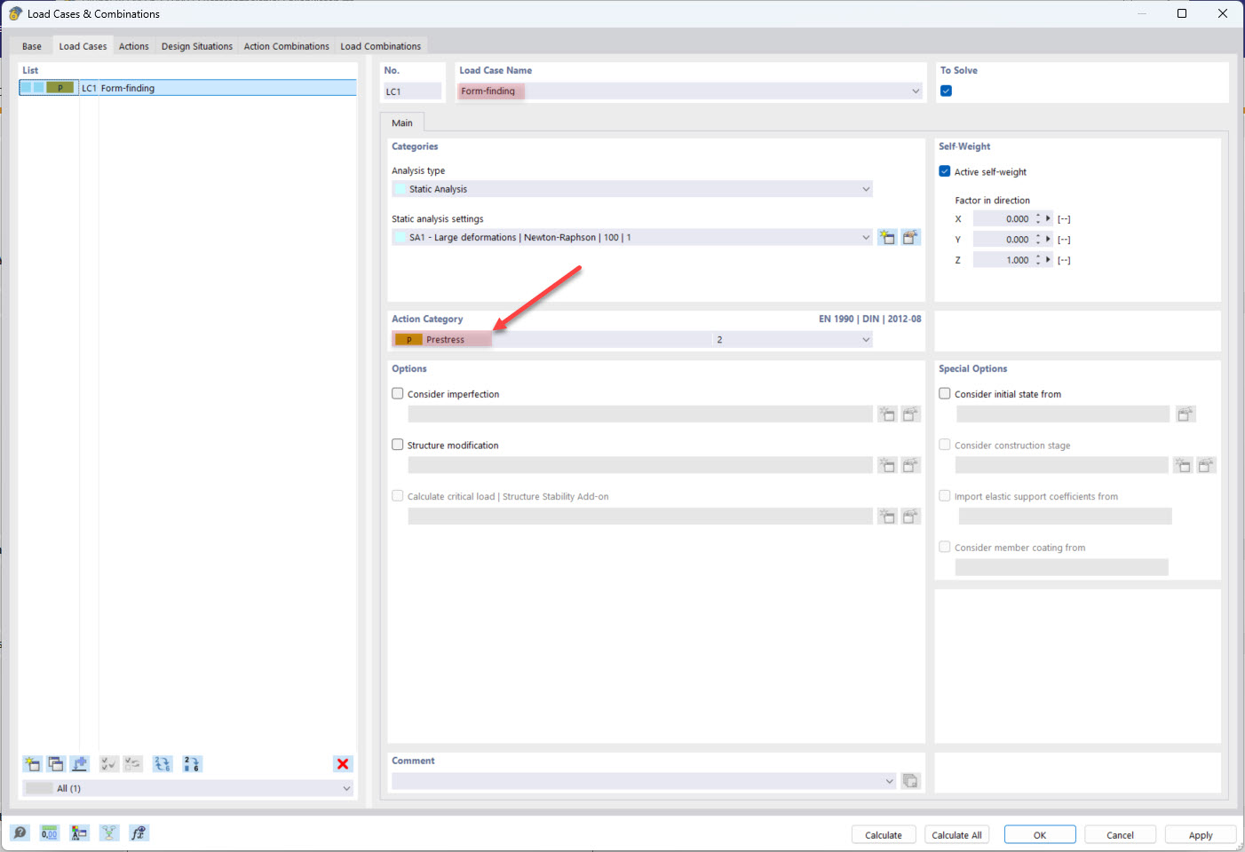 Selecting the Prestress action category in the Form-Finding load case