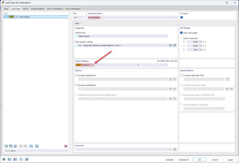 Selecting the Prestress action category in the Form-Finding load case