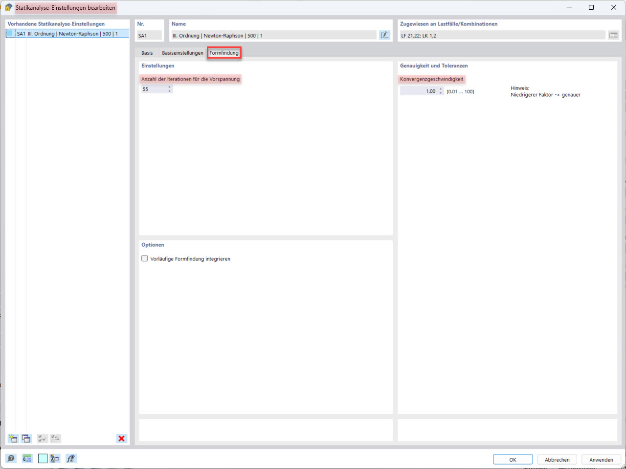 Structural analysis settings with options for the number of iterations and convergence speed in the form-finding tab.