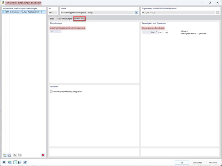 Structural analysis settings with options for the number of iterations and convergence speed in the form-finding tab.