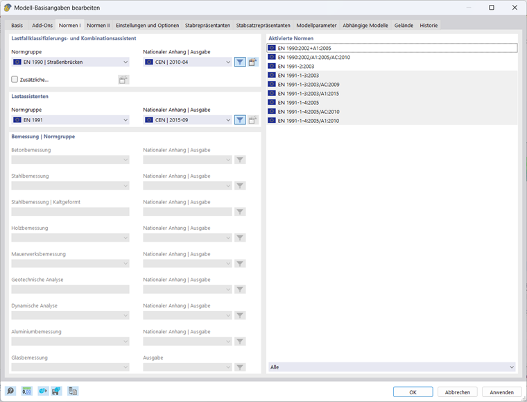 Editing window shows selection for Load Classification and Combination Wizard with National Annex as well as selection of Load Wizard with National Annex.