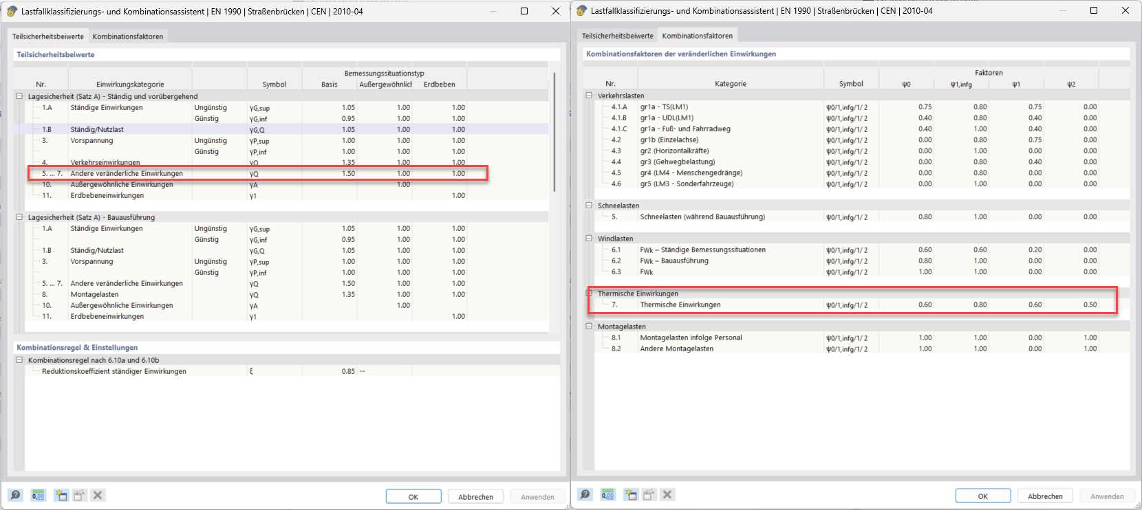 Editing window shows partial safety factors and combination coefficients for EN 1990 | Road Bridges | CEN | 2010-04.