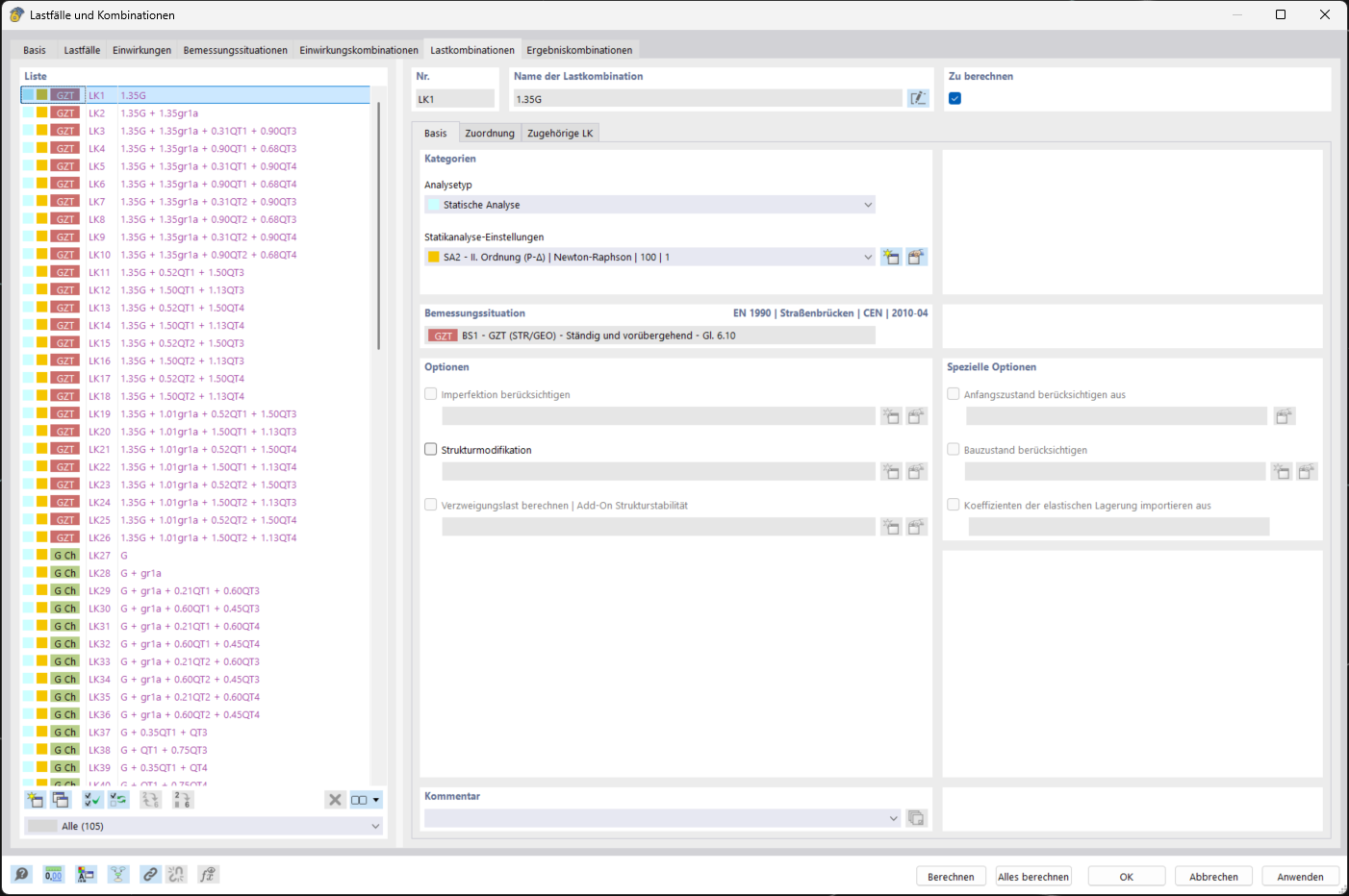 Editing window shows generated load combinations.