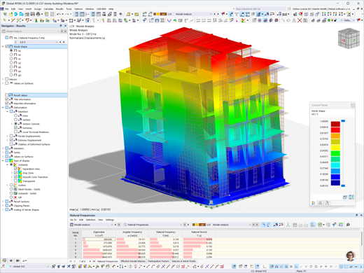 RFEM 6 model of a six-story CLT building in Modena, Italy, highlighting results from a modal analysis.