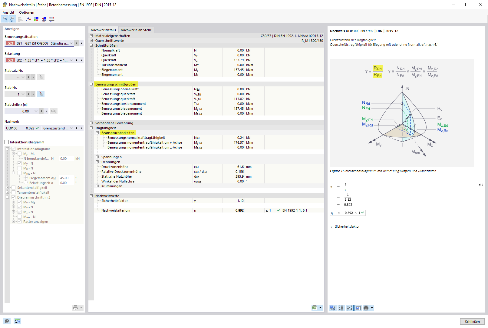Design check details for concrete design on members according to EN 1992 and DIN 2015-12 standards.
