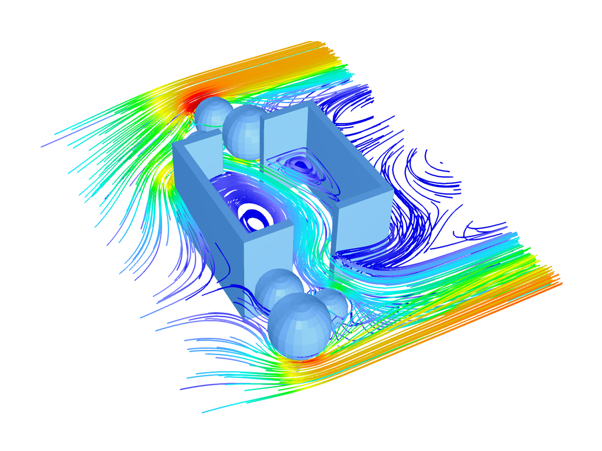 RWIND streamline results showing airflow and ventilation patterns around the building