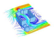 RWIND streamline results showing airflow and ventilation patterns around the building