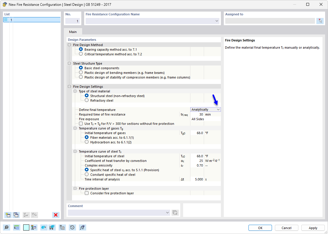 Dialog box for Fire Resistance Configuration in Steel Design to determine critical steel temperatures