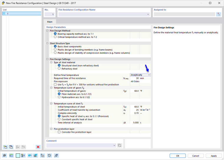 Dialog box for Fire Resistance Configuration in Steel Design to determine critical steel temperatures