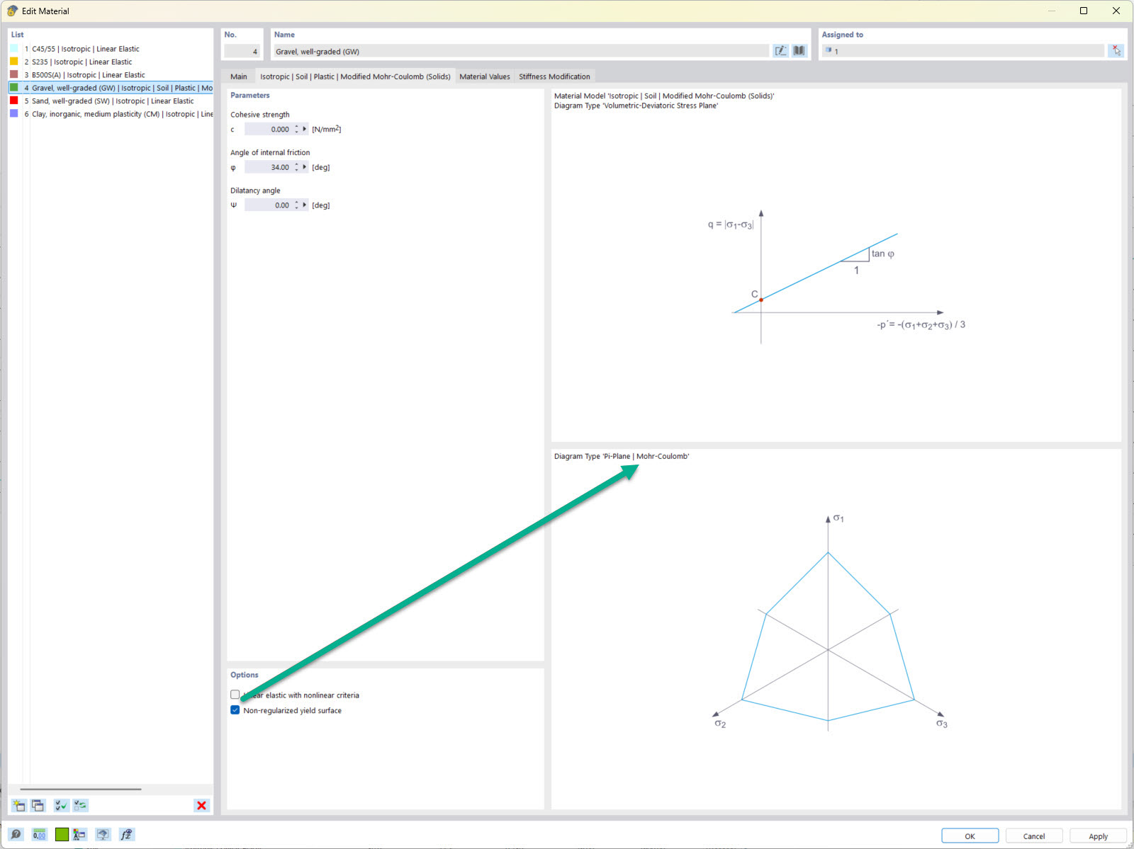 Geotechnical analysis in the Mohr-Coulomb model shows settings for rounding off the flow surface at the corners.