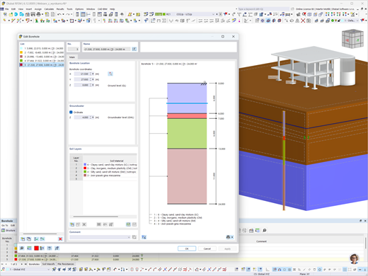 Entry of soil layer data from subsoil investigations using soil samples in engineering software applications.