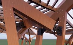 Close-up of a timber structure with various fasteners.