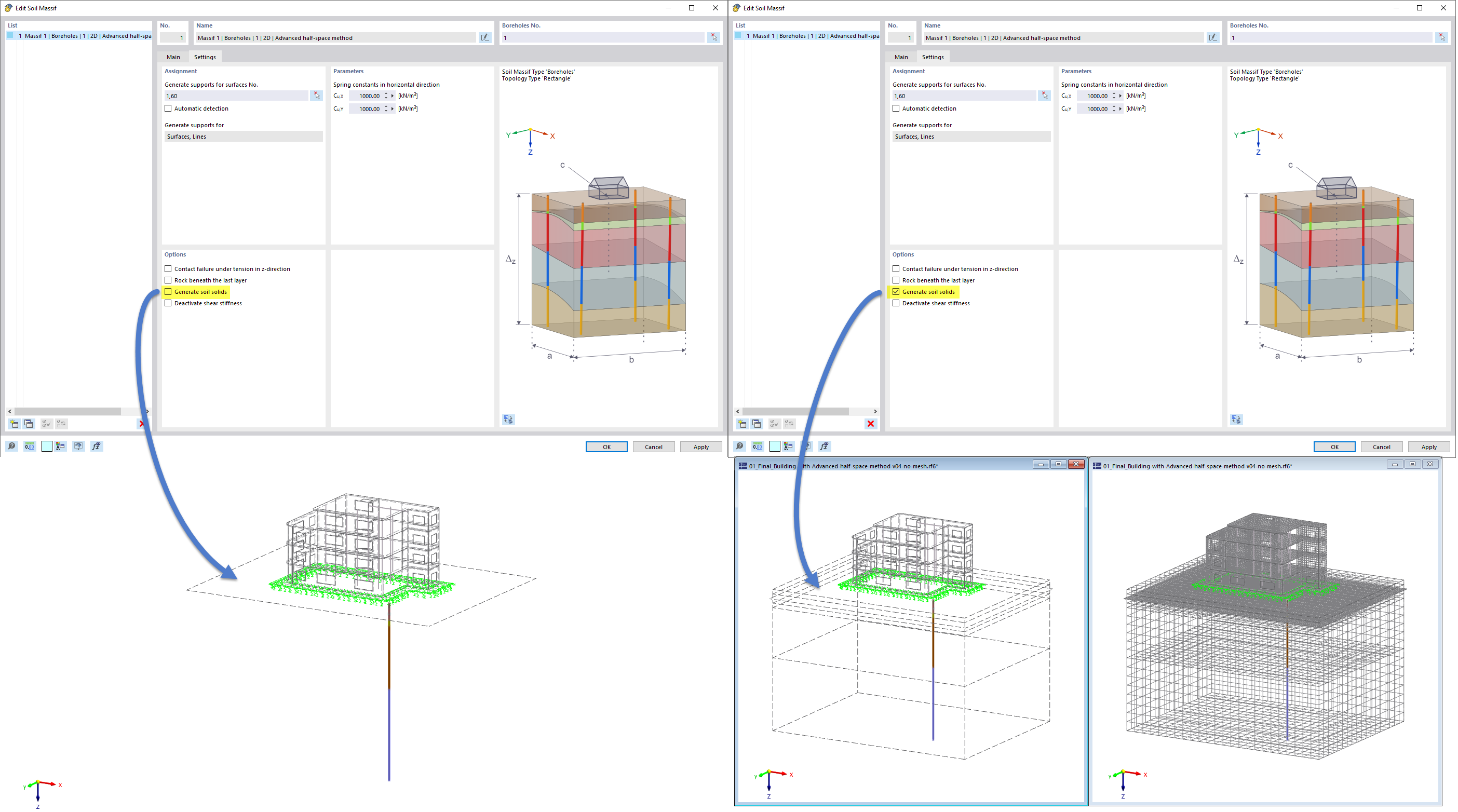 Visualization of the “Generate Soil Solid” option for the constrained modulus method within the Dlubal software.