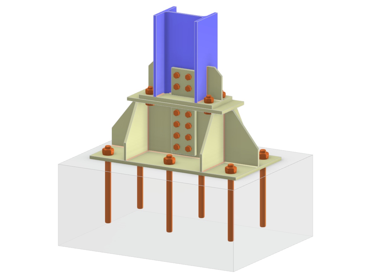 Detailed view of a steel column base connection featuring a base plate, I-section, stiffeners, and anchoring elements for structural stability.