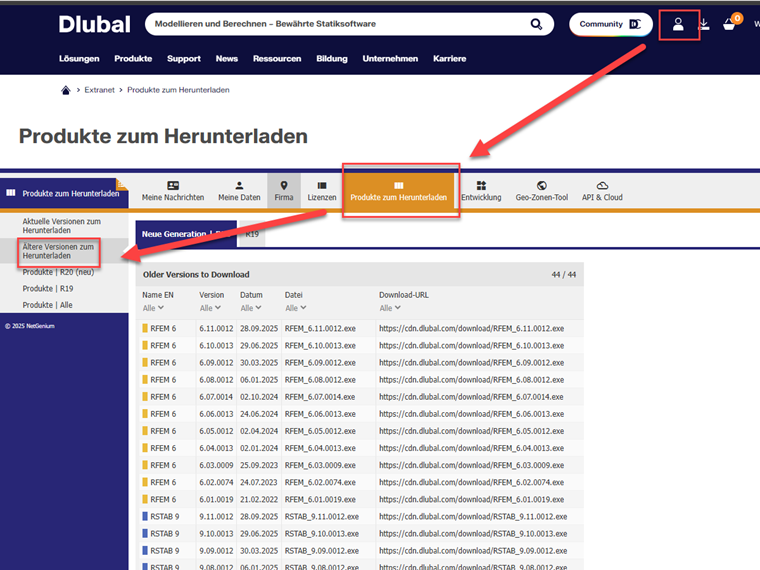 Extranet surface shows options for downloading older software versions.