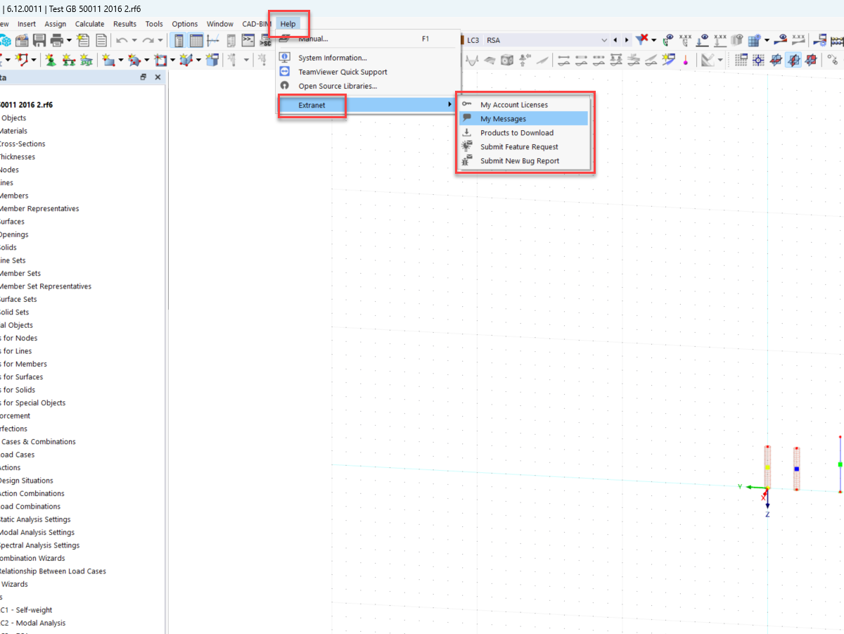 Instructions on how to open the ExtraNet (user account) in RFEM 6.