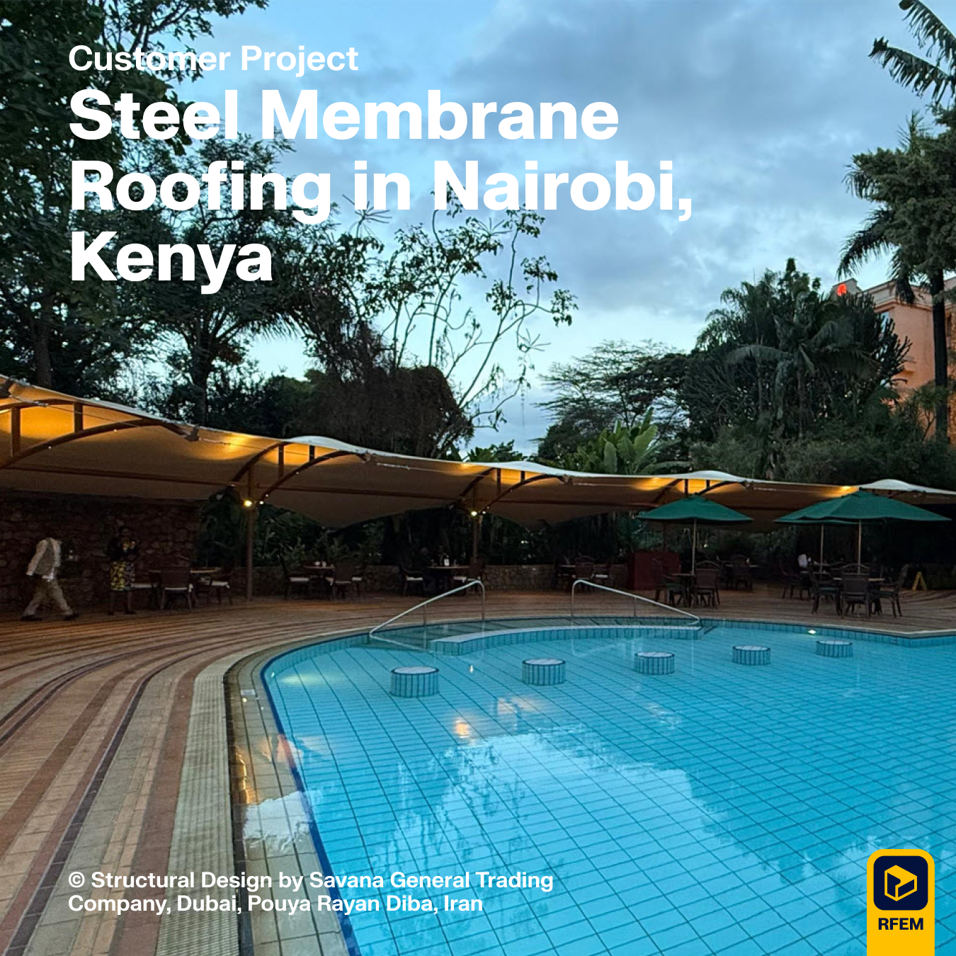 Design of a complex membrane roofing structure in Nairobi using RFEM software.