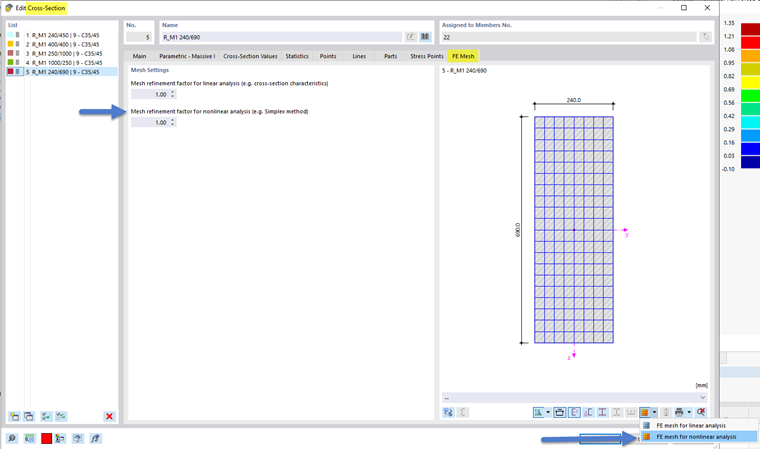 Graphical display of the FE mesh and the control of the mesh refinement within the cross-section dialog for nonlinear analyses.