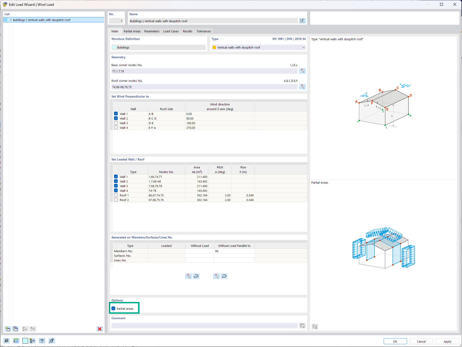 The “partial areas” option in the wind load wizard for targeted load distribution on the building envelope.