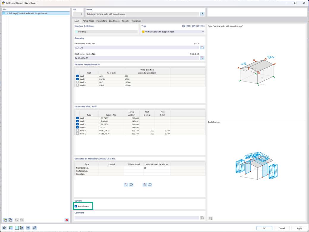 The “partial areas” option in the wind load wizard for targeted load distribution on the building envelope.