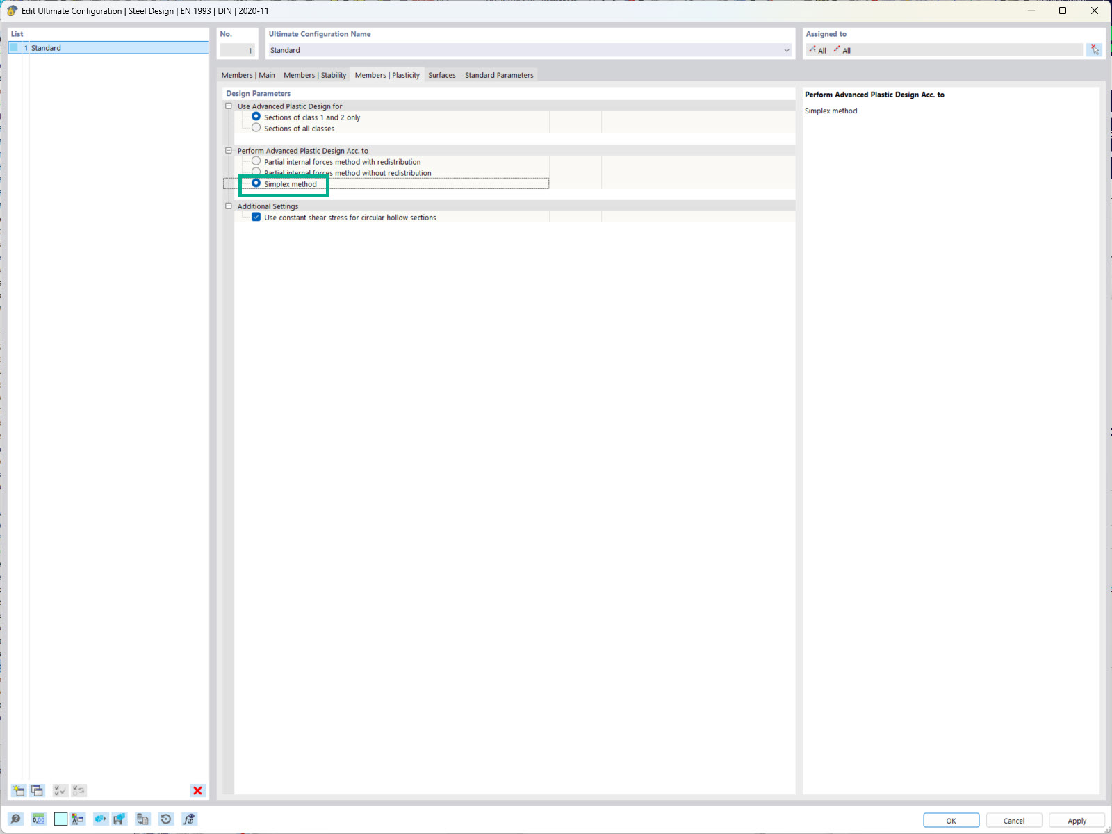 Display of the simplex method for plastic design checks using the partial internal forces method.