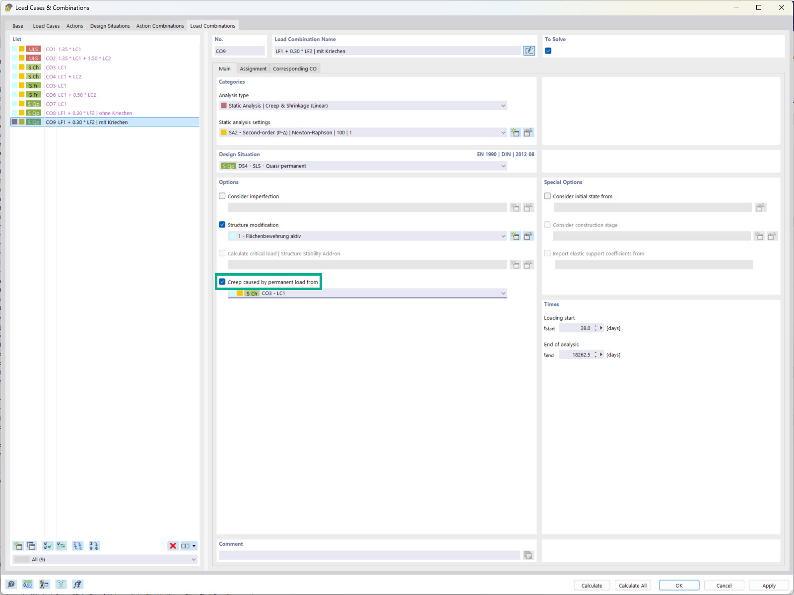 Display of the option to consider creep in load combinations.