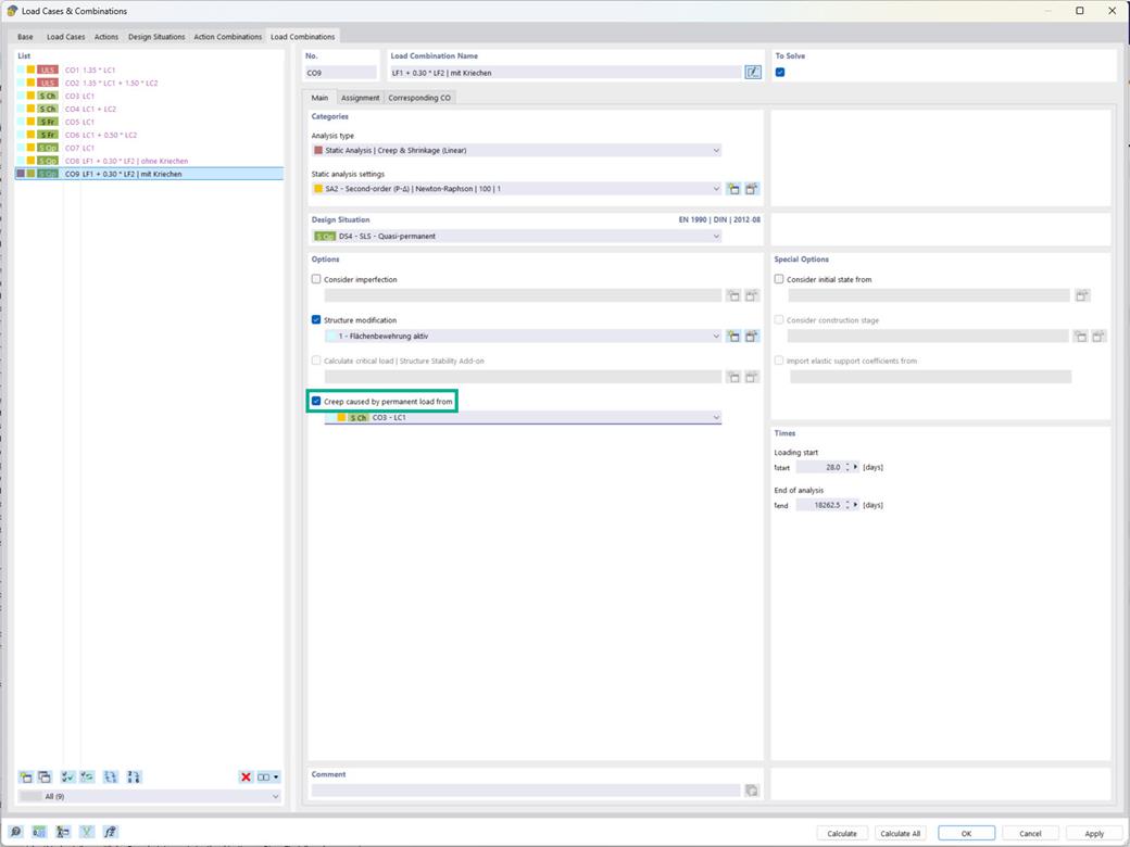 Display of the option to consider creep in load combinations.