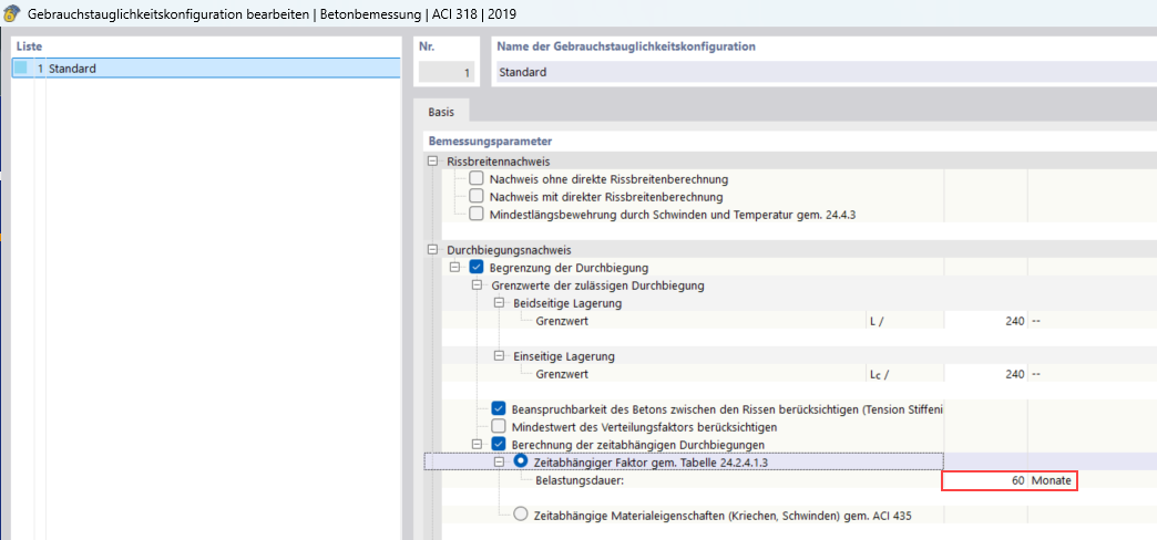 ACI Serviceability Configuration | Time-Dependent Factor According to Table 24.2.4.1.3