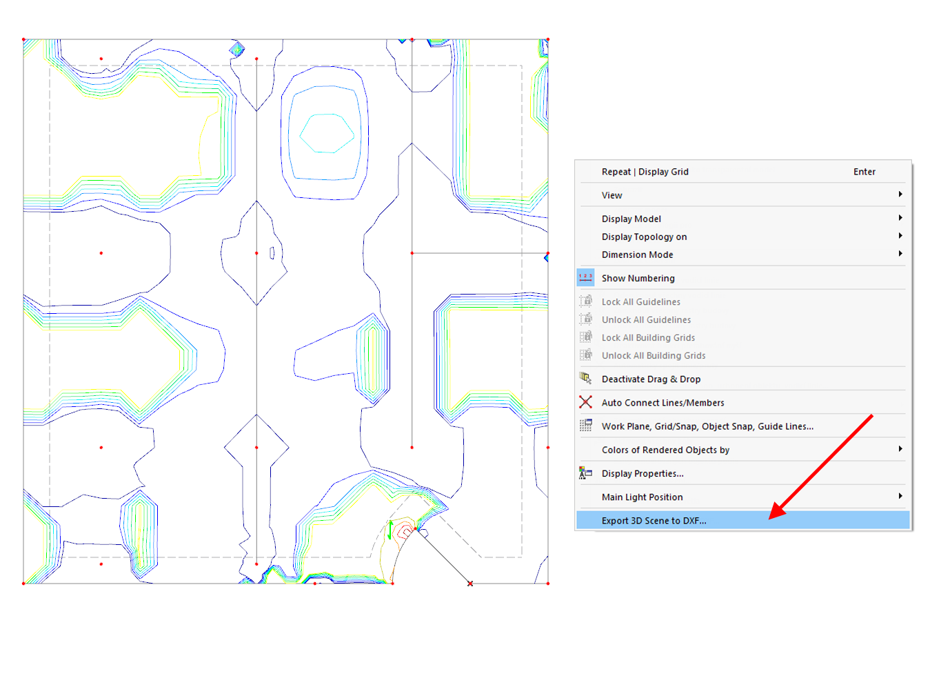 Isolines representing the necessary reinforcement areas can be exported using the Export 3D Scene to DXF... tool.