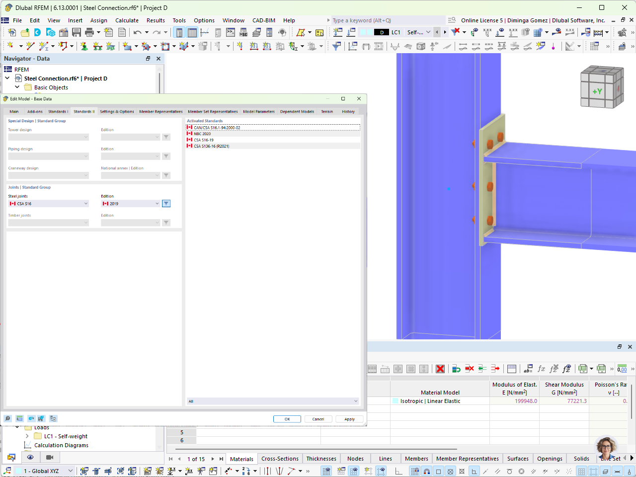 Steel connection concept according to the Canadian standard CSA S16 for structural analysis visualization.