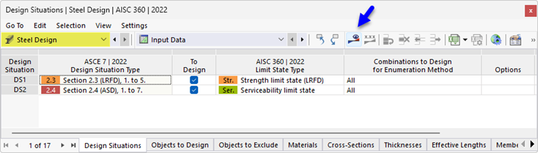 Starting Steel Design Using Button in Table