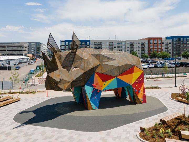 Detail view of a steel structure of Rhino Climbers at Denargo Market by CRAFT Engineering Studio