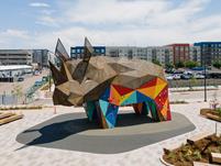 Detail view of a steel structure of Rhino Climbers at Denargo Market by CRAFT Engineering Studio