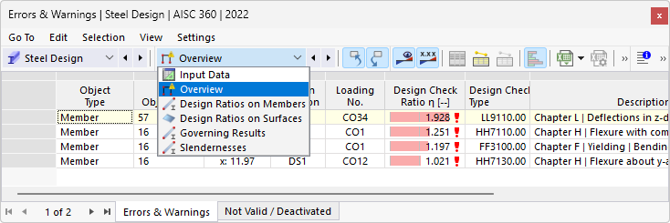 Result tables for steel design
