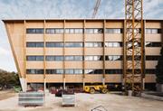View of the new timber building under construction at the Public University of Navarra (UPNA).
