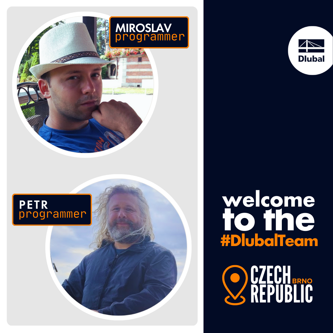 Introduction post featuring Miroslav and Petr, programmers at Dlubal Software, welcoming them to the #DlubalTeam in Brno, Czech Republic.