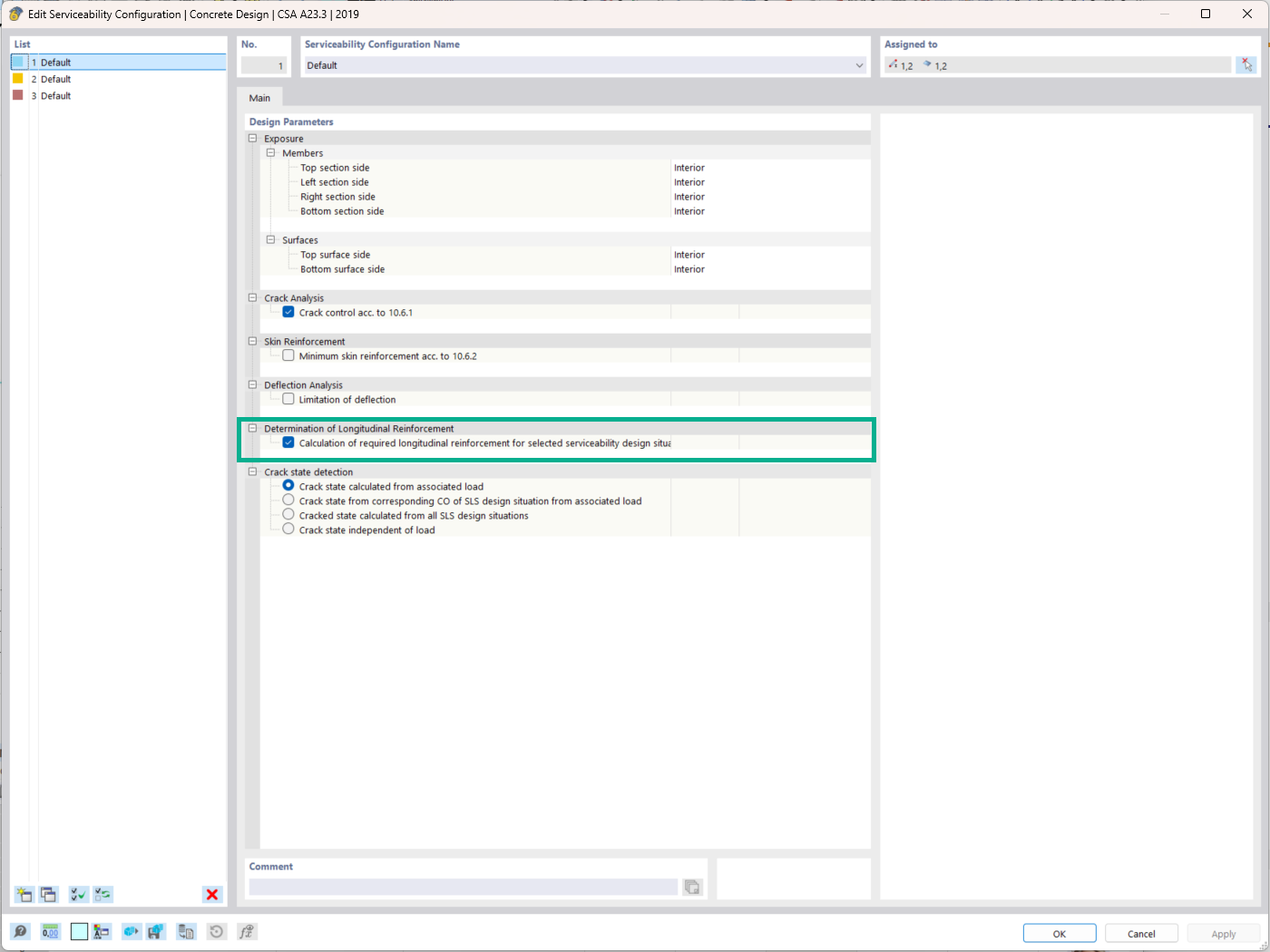 Calculation of the required longitudinal reinforcement for concrete according to ACI 318 and CSA A23.3 for serviceability limit state design.