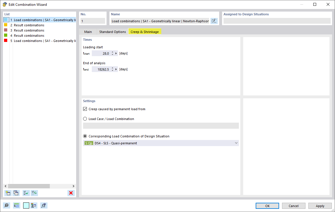 Settings for Creep and Shrinkage in Combination Wizard