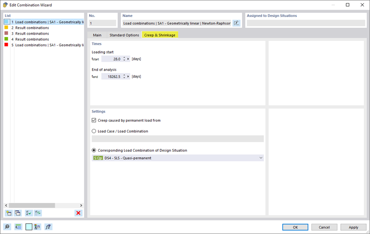 Settings for Creep and Shrinkage in Combination Wizard
